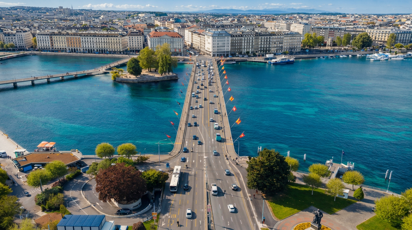 Vue aérienne du Pont du Mont-Blanc à Genève